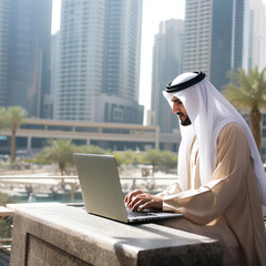 Arab man working with a laptop. - obrazy, fototapety, plakaty