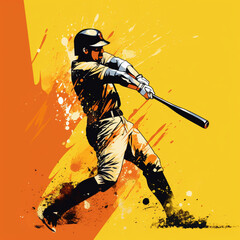 Baseball player hitting a ball on a yellow background.