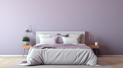 the white bed and purple cotton duvet cover to the two pillows, with flat and pure color aesthetics
