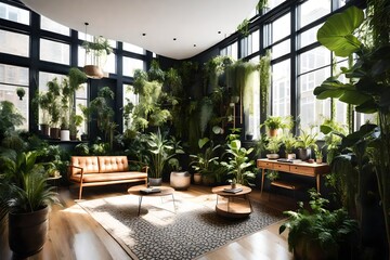 In a beautifully designed interior, verdant plants serve as both decoration and inspiration. The room is filled with an abundance of plants, creating a mini-urban jungle. Sunlight filters through the  - obrazy, fototapety, plakaty