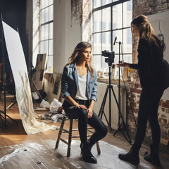 Female photographer and model in a photo studio. - obrazy, fototapety, plakaty