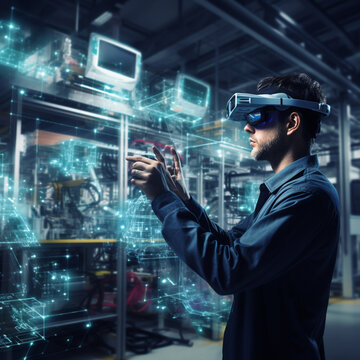 Engineer using VR glasses in a factory. Industry technology.