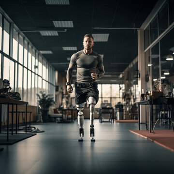 Man with leg prosthesis doing sports.
