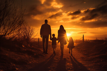 Fototapeta premium family walking into the sunset, journey of life