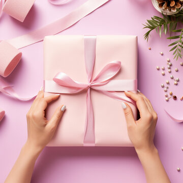 Close up of hands wrapping a gift with wrapping paper on a pink background.