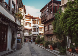 Naklejka premium street of multiple densely packed traditional 5-story tall classical traditional white wooden ottoman architecture houses at stone paved street with densely packed traditional ottoman wooden houses 