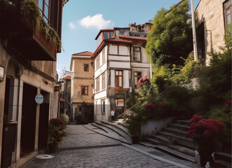 Fototapeta na wymiar street of multiple densely packed traditional 5-story tall classical traditional white wooden ottoman architecture houses at stone paved street with densely packed traditional ottoman wooden houses 