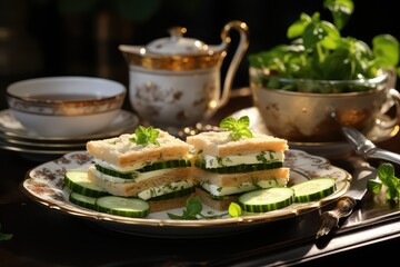 Traditional English tea cucumber sandwiches with cream cheese.