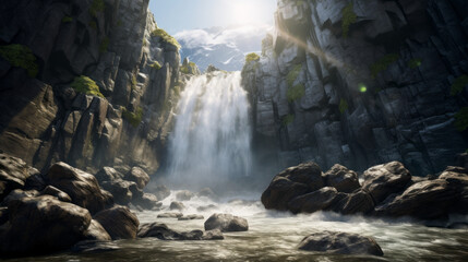 A picturesque waterfall, cascading down a rocky mountain face and into a deep pool below The sound of the rushing water is calming, and the sun sparkles off the spray