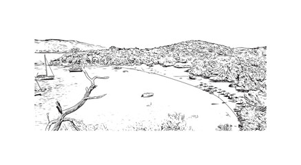 Obraz premium Building view with landmark of Skiathos is the island in Aegean Sea. Hand drawn sketch illustration in vector.