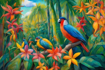 An oil pastel artwork in the spirit of Paul Gauguin, a tropical paradise with vibrant flora, exotic birds, and a sense of paradise and exoticism