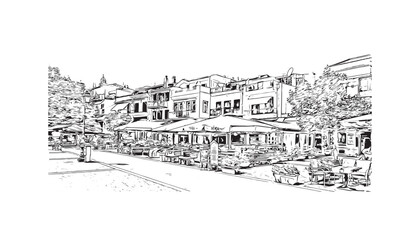 Building view with landmark of  Skiathos is the island in Aegean Sea. Hand drawn sketch illustration in vector.