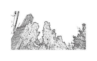 Fototapeta premium Building view with landmark of Skiathos is the island in Aegean Sea. Hand drawn sketch illustration in vector.