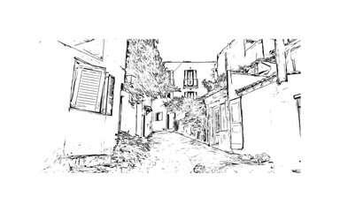Building view with landmark of  Skiathos is the island in Aegean Sea. Hand drawn sketch illustration in vector.