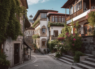 Fototapeta na wymiar street of multiple densely packed traditional 5-story tall classical traditional white wooden ottoman architecture houses at stone paved street with densely packed traditional ottoman wooden houses 