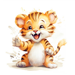 Illustration of a cute, healthy and happy-looking tiger cub. Isolated on white background.
