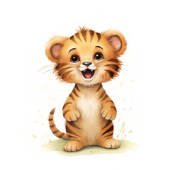 Illustration of a cute, healthy and happy-looking tiger cub. Isolated on white background.