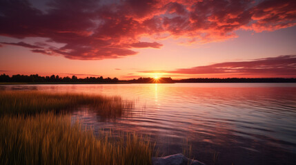 Naklejka premium A picturesque view of a vibrant orange-pink sunset reflecting off a still lake, surrounded by a field of green grass