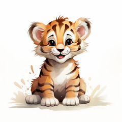 Illustration of a cute, healthy and happy-looking tiger cub. Isolated on white background.