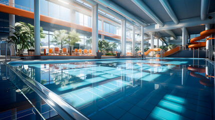 Interior design of aqua spa center with blue water in the pool. - obrazy, fototapety, plakaty