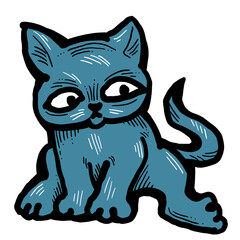 Cat cute, sweet with funny face. Lovely fluffy kitten best friend with big eyes. Home pet for baby, kids, boy or girl and family. Hand drown character. Cute lovely cartoon illustration drawn by hand.