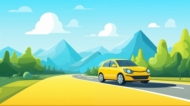 Illustration yellow car on the road in front of green forest and high mountains. Car loan and insurance background.
