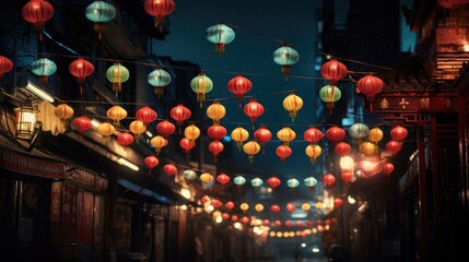 Lanterns hanging across an old chinese street