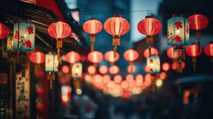 Obraz na płótnie Canvas Lanterns hanging across an old chinese street