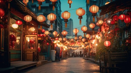 Lanterns hanging across an old chinese street - obrazy, fototapety, plakaty