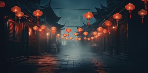 Hanging chinese lanterns over the street - obrazy, fototapety, plakaty