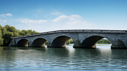 Fototapeta premium A picturesque bridge spans a peaceful lake, its arched structure silhouetted against the deep blue sky