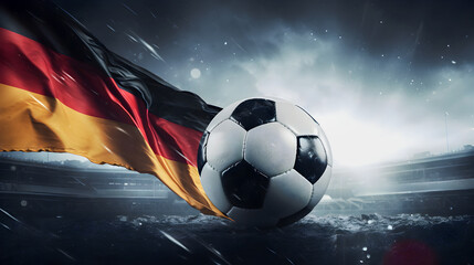 Football ball and Germany national flag in front of dramatic background.