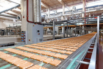 Automatic bakery plant food factory. Belgian waffles on conveyor production line - obrazy, fototapety, plakaty