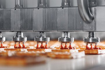 Robotic Manufacturing conveyor production line Belgian waffles. Automatic bakery plant food factory - obrazy, fototapety, plakaty