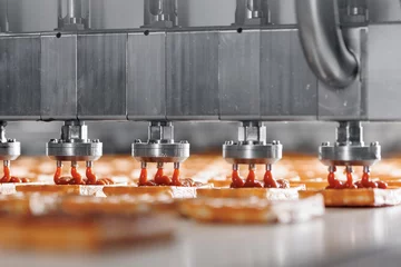 Deurstickers Robotic Manufacturing conveyor production line Belgian waffles. Automatic bakery plant food factory © Parilov