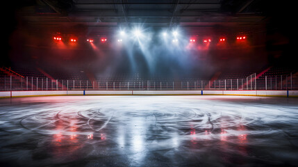 Empty ice hockey arena with red spotlighting.