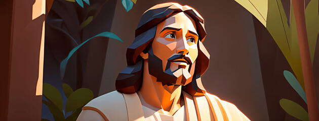 Portrait of Jesus Christ in low poly style. Cute design. banner format.