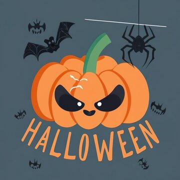 orange halloween banner with pumpkin spider and bats - Generative AI