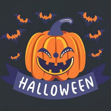 orange halloween banner with pumpkin spider and bats - Generative AI