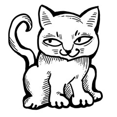 Cat cute, sweet with funny face. Lovely fluffy kitten best friend with big eyes. Home pet for baby, kids, boy or girl and family. Hand drown character. Cute lovely cartoon illustration drawn by hand.