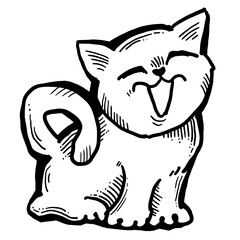 Cat cute, sweet with funny face. Lovely fluffy kitten best friend with big eyes. Home pet for baby, kids, boy or girl and family. Hand drown character. Cute lovely cartoon illustration drawn by hand.