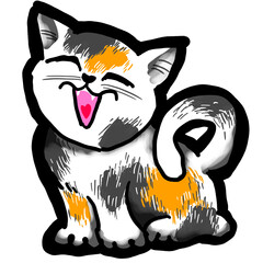 Cat cute, sweet with funny face. Lovely fluffy kitten best friend with big eyes. Home pet for baby, kids, boy or girl and family. Hand drown character. Cute lovely cartoon illustration drawn by hand.