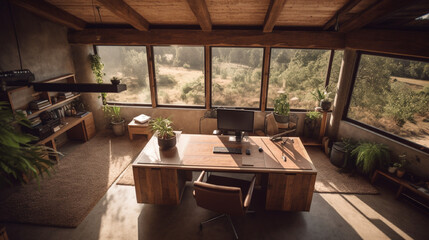Modern interior in a cozy and rustic cabin nestled in a beautiful natural tree. Wooden table with accessories, A desktop monitor with keyboard on table