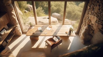 Modern interior in a cozy and rustic cabin nestled in a beautiful natural tree. Wooden table with accessories