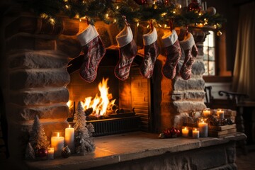 Naklejka premium A close-up of a crackling fireplace, with stockings hung by the chimney and a comfortable chair for a cozy Christmas evening. Generative Ai
