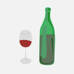 Bottle old red wine and two glasses on isolated white background. Flat vector graphic. Grape alcohol drink. Tasty beverage art. Colorful illustration design. Fun wine party concept. Bar culture icon.
