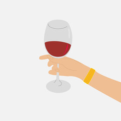 Female hand hold old red wine glass on isolated white background. Flat vector graphic. Grape alcohol drink. Tasty beverage art. Colorful illustration design. Fun wine party concept. Bar culture icon.