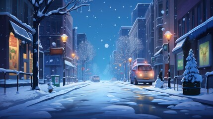 Outdoor view of urban street at night during snow season