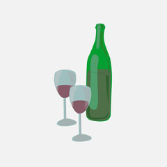 Bottle old red wine and two glasses on isolated white background. Flat vector graphic. Grape alcohol drink. Tasty beverage art. Colorful illustration design. Fun wine party concept. Bar culture icon.