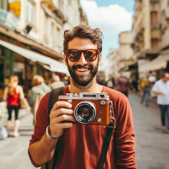 Tourist with a travel instant camera.